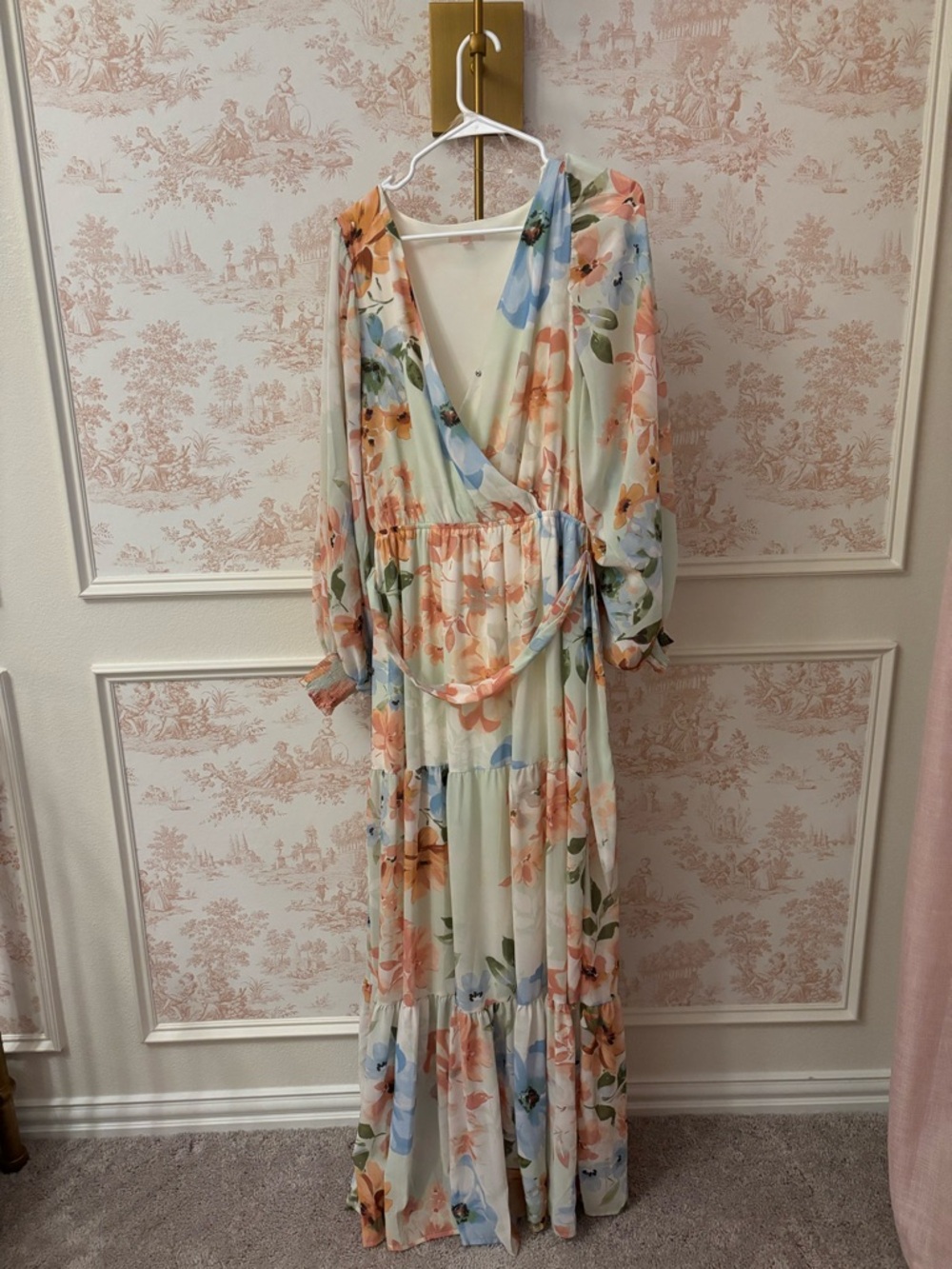 Pastel Floral Wrap Maxi Dress in Cream and Peach